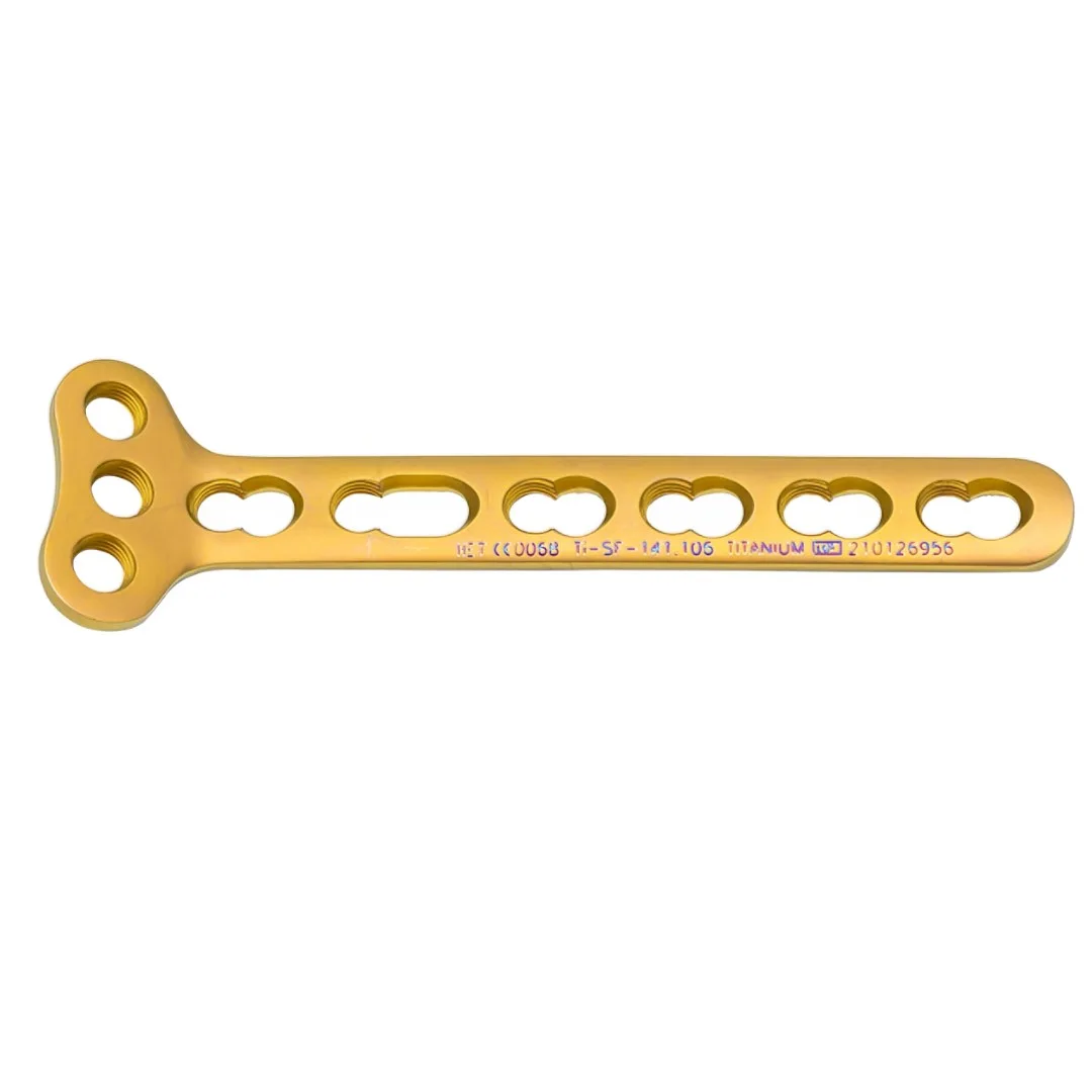 Especificación Detalle Placa Placa de Bloqueo T Recta 3.5 titanio Indicaciones Fracturas de clavícula, húmero proximal, radio distal, tibia distal y proximal Orificios en cabeza Tornillos de bloqueo 3.5 mm Orificios en eje Tornillos corticales y de bloqueo 3.5 mm